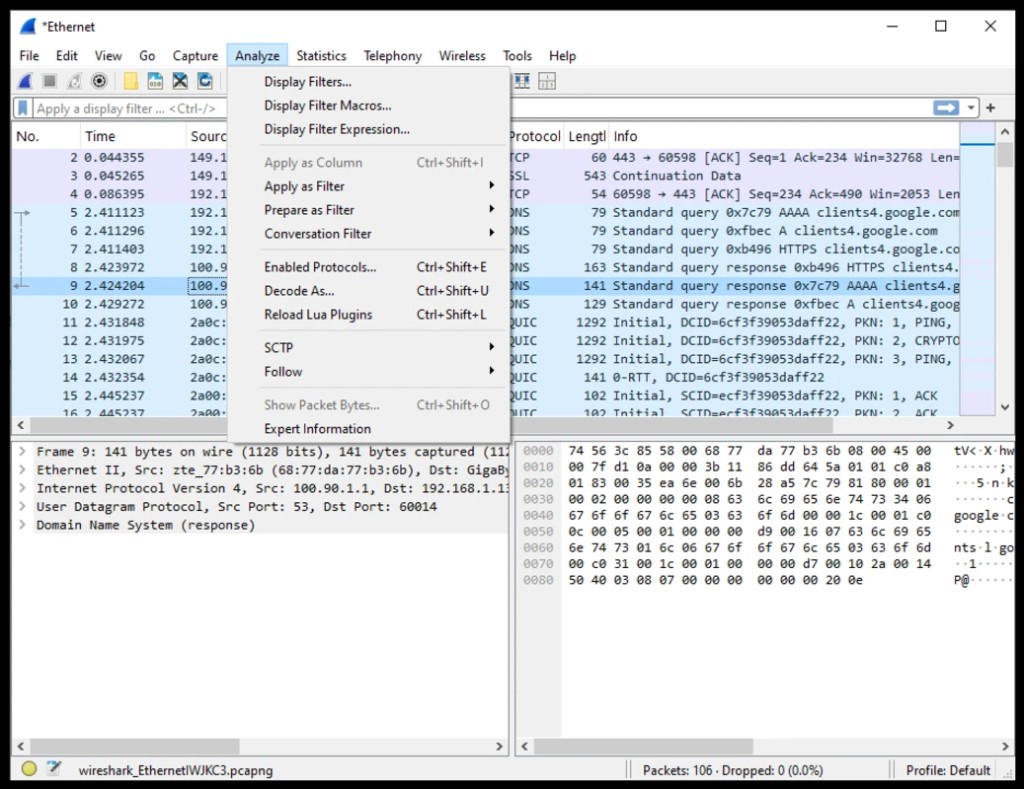 Wireshark Analyze menu with packet list, protocol tree, and hex pane for Ethernet capture