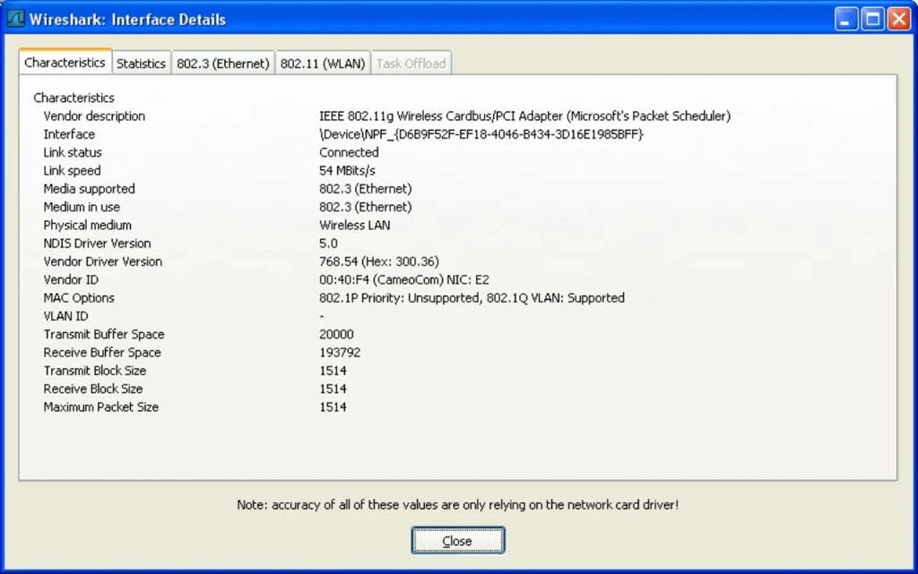 Wireshark Interface Details dialog showing adapter characteristics and link speed