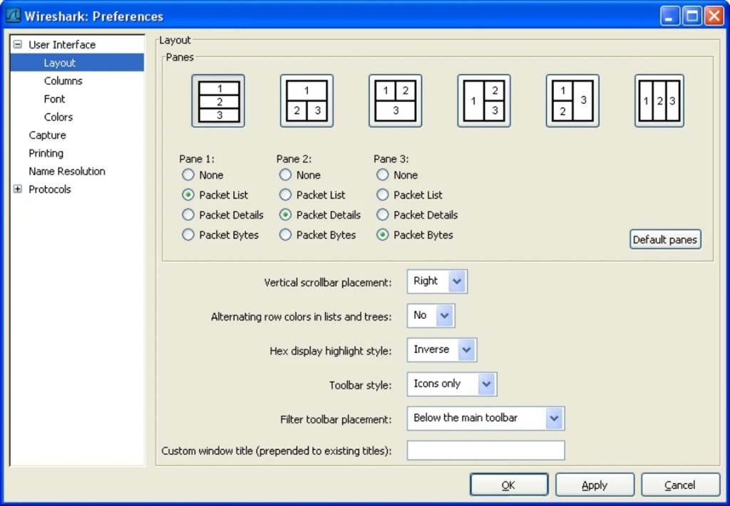 Wireshark Preferences dialog — Layout pane assignment for packet list, details, and bytes