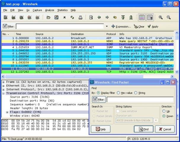Wireshark analyzing test.pcap: packet list, protocol dissection, and Find Packet dialog